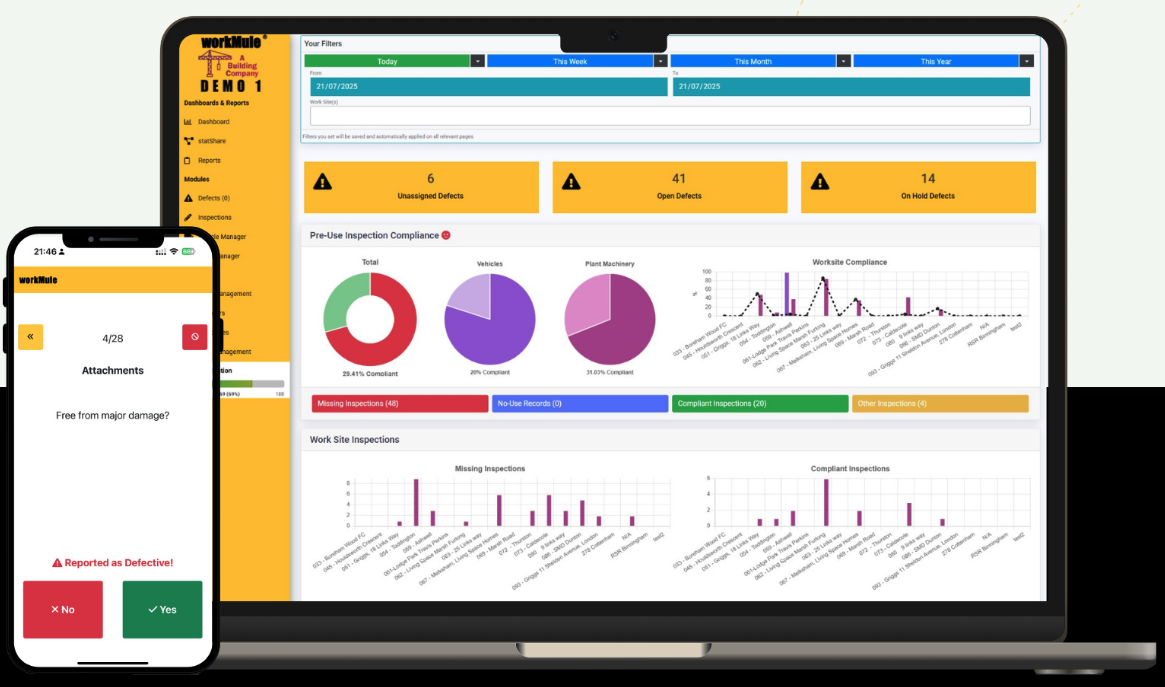 workMule vehicle inspection app showing a daily driver walkaround check and pre-use compliance dashboard