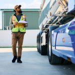 HGV driver carrying out a daily driver walkaround check next to a tanker truck